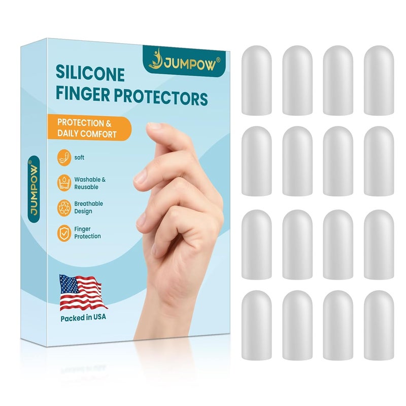 JUMPOW Gel Finger Cots Protectors, Finger Covers Caps Sleeves Silicone Flexible Shields for Fingertip Thumb Protection, Arthritis, Rubbing, Blisters, Hangnail & Pain Relief (Transparent, M, 16PCS) - Image 1